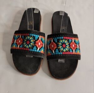 Johnny Was 7 M Embroidered Flat Slides Leather Black Multicolor Colorful